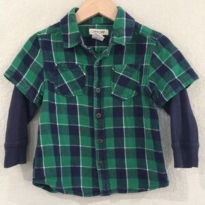 Cherokee Boys‎ Sz 3T Shirt Green & Blue Flannel Check Preppy 100% Cotton Cozy